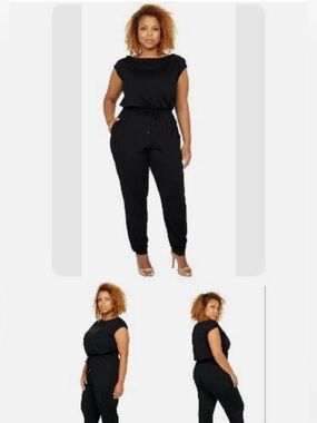 Max Studio Black Cap-Sleeve Drawstring Jumpsuit